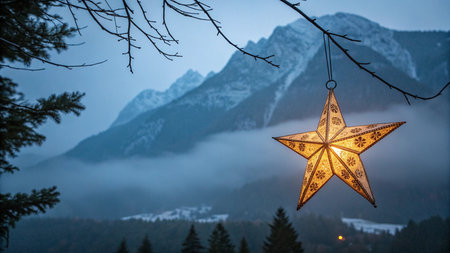 Christmas star hanging on a tree in front of a snow covered mountainの写真素材