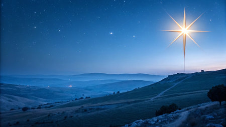 Star in the night sky over the hills of Tuscany, Italyの写真素材