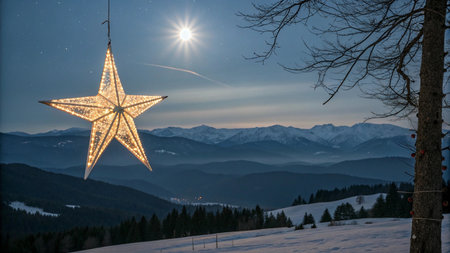 Christmas star on the background of the mountains and the moon. Christmas decorationsの写真素材