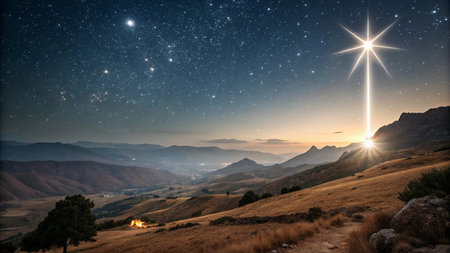 Sunrise over the mountains and the starry sky with stars.の写真素材