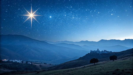 Beautiful night landscape with starry sky and church in the mountainsの写真素材