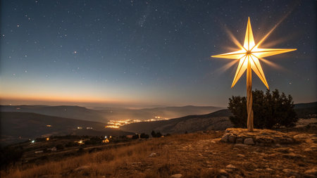 christmas star on the mountain at night with stars and city lightsの写真素材