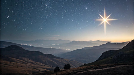 Beautiful star in the sky over the mountains and the valley.の写真素材