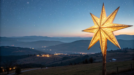 Christmas star in the Carpathian mountains at night, Ukraine.の写真素材