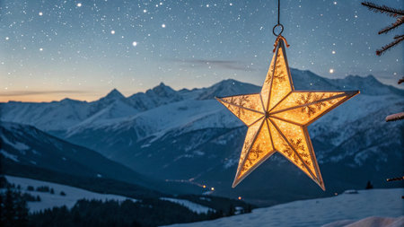 Christmas star on the background of snow-capped mountains at nightの写真素材