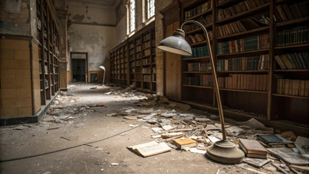 Abandoned library interior with books and floor lamp. Concept of educationの写真素材