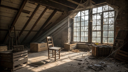 Interior of an old abandoned house with broken windows and a chairの写真素材