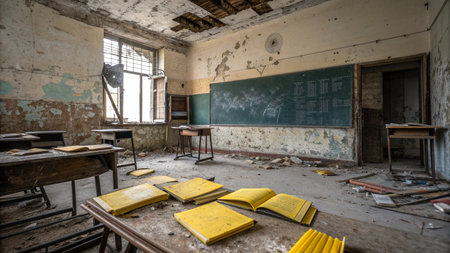 Classroom in an old school in Pripyat, Chernobyl exclusion zone, Ukraineの写真素材