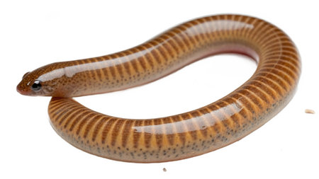 Close-up of a brown worm isolated on a white background.