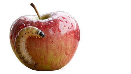 Red apple and caterpillar isolated on white background with clipping path.の写真素材