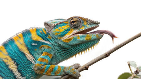 Close-up of a veiled chameleon, Furcifer pardalis, against white backgroundの写真素材