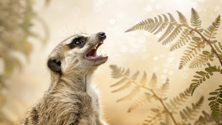 Meerkat with open mouth and fern leaves on blurred backgroundの写真素材