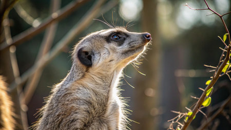 Meerkat standing on its hind legs and looking at the cameraの写真素材