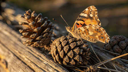 Butterfly sitting on a pine cone in the morning sun.の写真素材