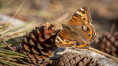 Close up of a brown butterfly sitting on a pine cone in springの写真素材