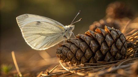 Aporia crataegi butterfly on a pine cone.の写真素材