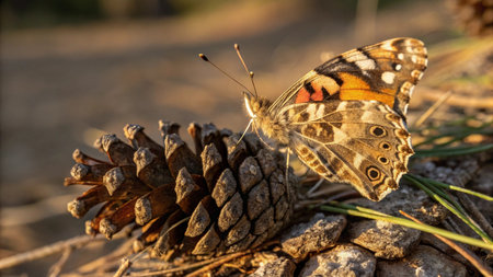 Butterfly sitting on a pine cone in the forest at sunsetの写真素材
