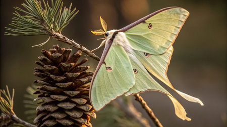 Butterfly on a branch of a pine tree in the forestの写真素材