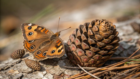 Brown butterfly sitting on a pine cone in the forest on a summer dayの写真素材