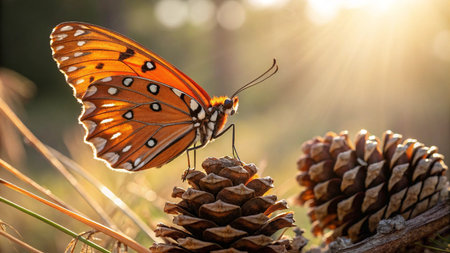 Butterfly on a pine cone in the rays of the sunの写真素材