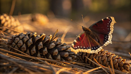 Butterfly resting on a pine cone in the forest at sunsetの写真素材