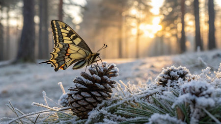 Swallowtail butterfly (Papilio machaon) on a pine coneの写真素材