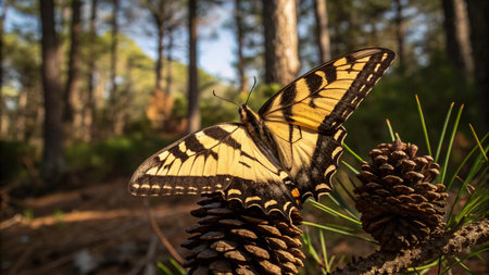 Swallowtail butterfly (Papilio machaon) resting on a pine coneの写真素材