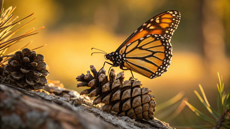 A monarch butterfly sits on a pine cone in the forest in autumn.の写真素材