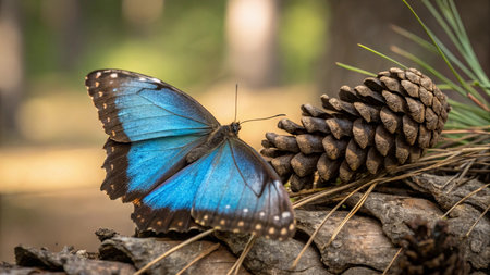 Blue morpho butterfly sitting on pine cone in forest, close upの写真素材