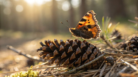 Butterfly on a pine cone in the forest at sunset.の写真素材