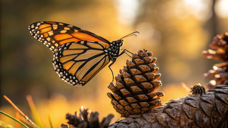 A monarch butterfly sits on a pine cone in the autumn forest.の写真素材
