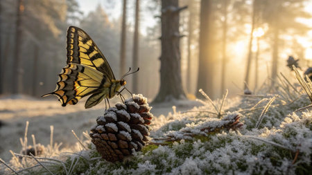 Swallowtail butterfly on a pine cone in the forest at sunriseの写真素材