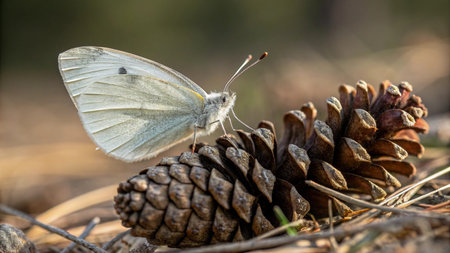 A butterfly is sitting on a pine cone.の写真素材