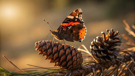 Butterfly on a pine cone in the rays of the setting sunの写真素材