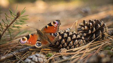 Peacock butterfly (Inachis io) sitting on a pine coneの写真素材