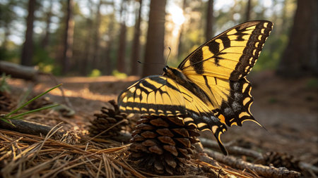 Swallowtail butterfly (Papilio machaon) resting on a pine coneの写真素材