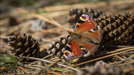 European Peacock butterfly (Inachis io) sitting on a pine coneの写真素材