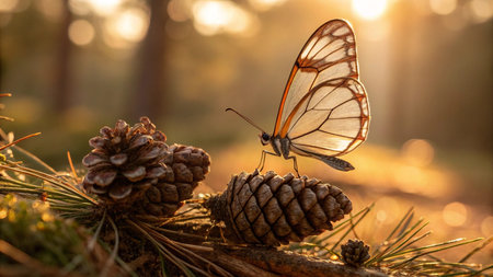 Butterfly sitting on pine cone in the forest at sunset.の写真素材