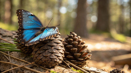 Blue butterfly sitting on a pine cone in a pine tree forest.の写真素材