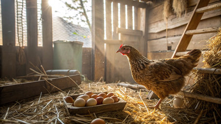 Eggs and chicken in the henhouse on the farm.