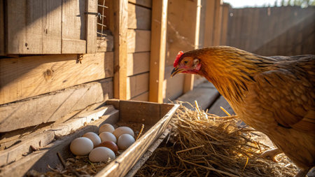 Chickens and eggs in the henhouse. Selective focus.