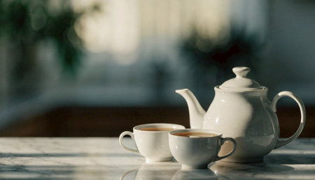 Cup of tea and teapot on white marble table in sunlight