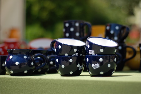 Blue cups with white dotsの写真素材
