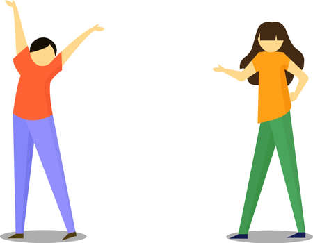 vector graphic illustration, flat design concept, boy and girl, happy pose, cartoon character concept. people with shadowのイラスト素材