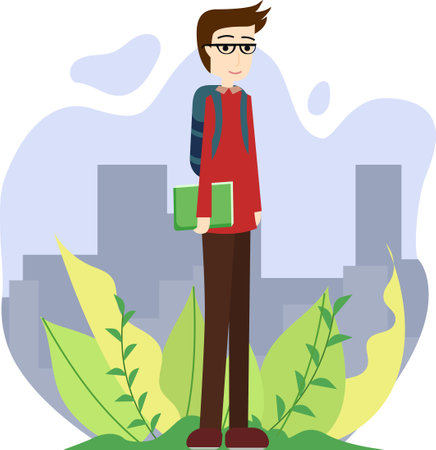 Vector Graphic Illustration, Student college with red clothes. student holding green bookのイラスト素材