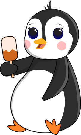 Cute Cartoon Penguin Holding Ice Cream, Vector Graphic illustration, Little Penguin in Doodle Art. Cartoon Character for Stickerのイラスト素材