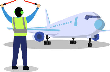 aircraft parking crew, flight coordinator guiding airplane, ground crew airport vector graphic illustration,  airport background for webのイラスト素材