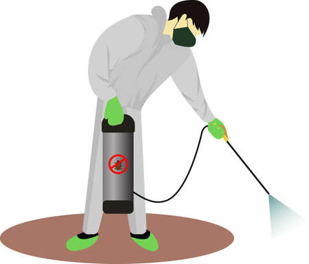 Pest Control vector graphic illustration, worker in protective suit spraying an insect, insect pump up sprayerのイラスト素材