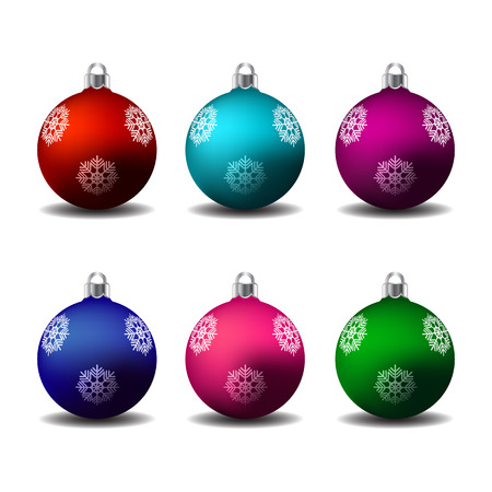 Colorful christmas balls with snowflake ornament. Set of isolated realistic decorations. Vector illustration.のイラスト素材