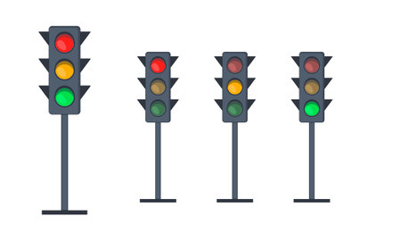 Set of traffic lights with red, yellow and green signals. Stoplights with prohibitory, allowing and waiting signs. Equipment for road movement control.のイラスト素材